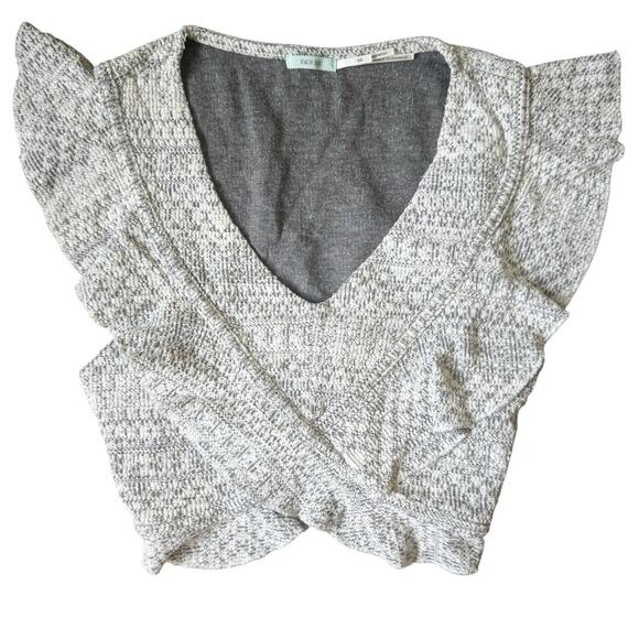 Kimchi Blue V-Neck Knit Crop Top Flutter Sleeve Tie Back Grey White Womens Sz XS - Picture 1 of 10